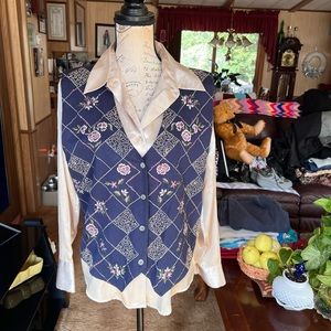 Vintage Vest Women Embroidered Floral Large Cottagcore Country Cotton Flax L